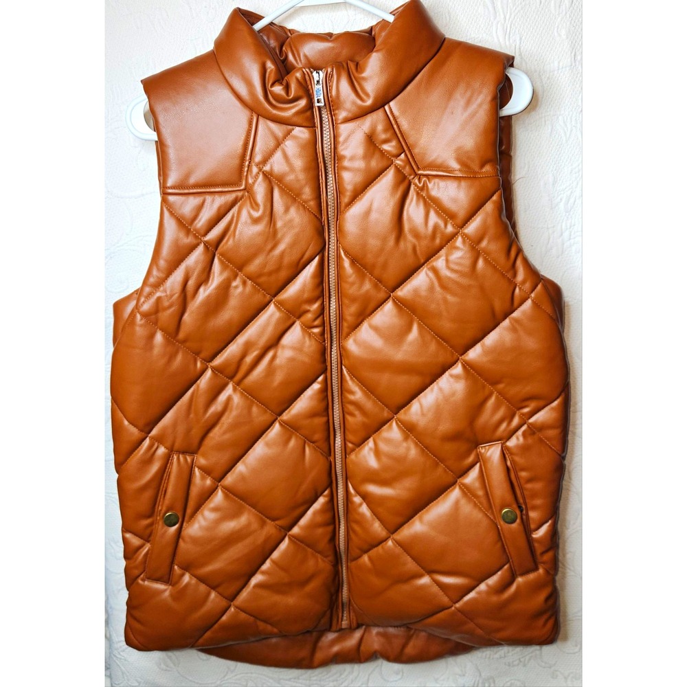 Zenana Quilted Faux Leather Puffer Vest XL Full Zip Pockets Brown NWT